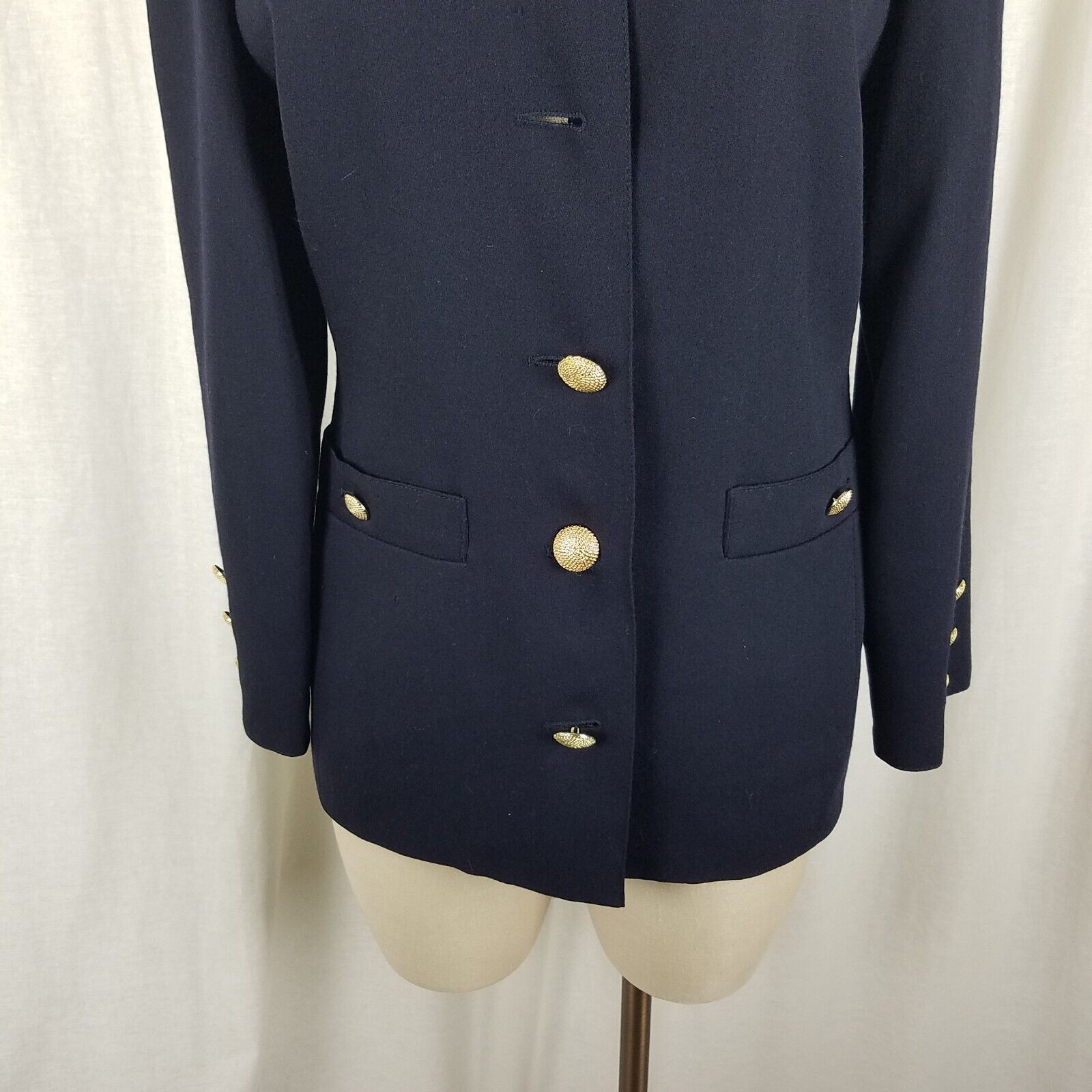 Marella Marella Worsted Wool Navy Collarless Jacket Blazer Crest 8 Size M / US 6-8 / IT 42-44 - 3 Thumbnail