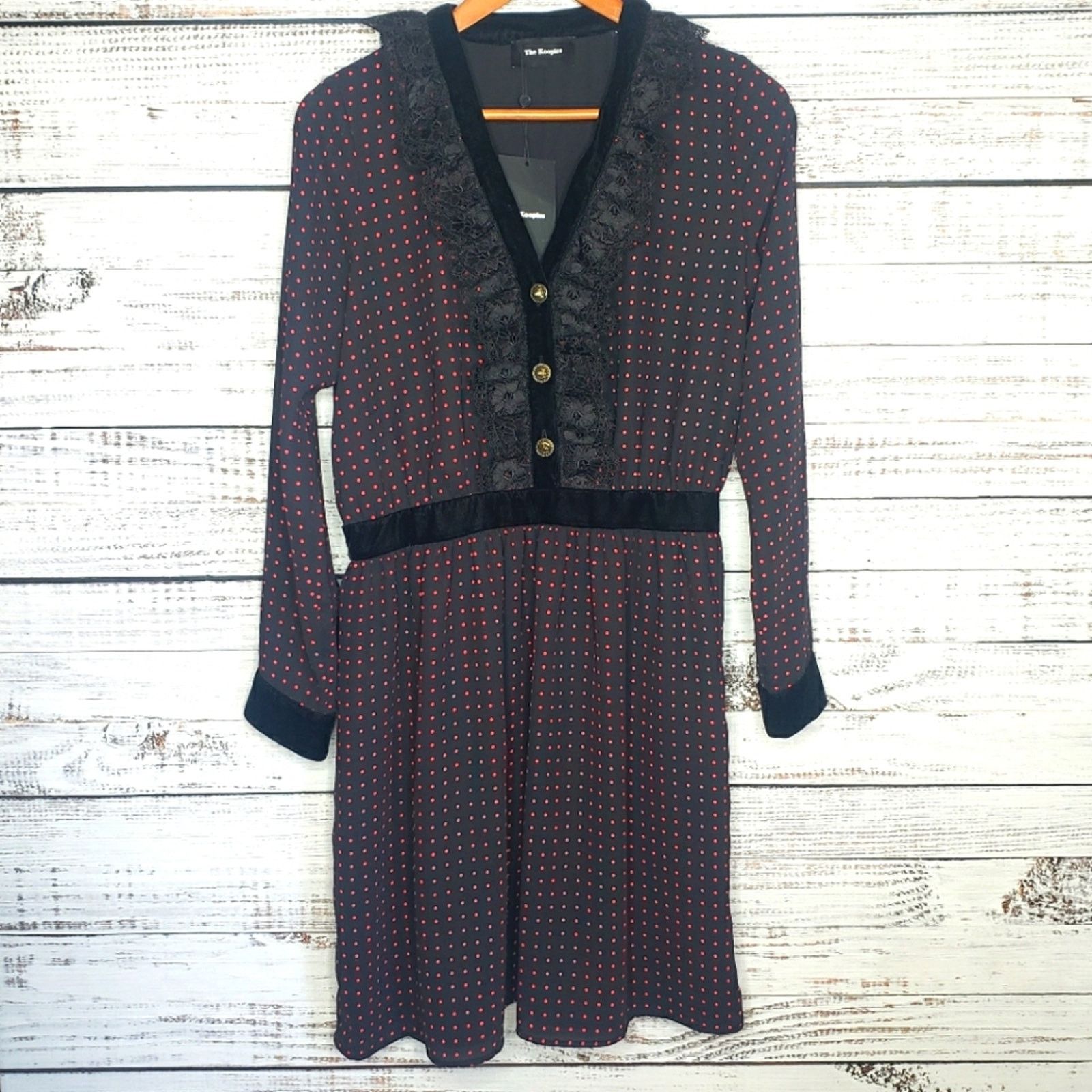 The Kooples NWT! The Kooples midi dress Black w/ red polka-dot Lace sz L Size L / US 10 / IT 46 - 1 Thumbnail