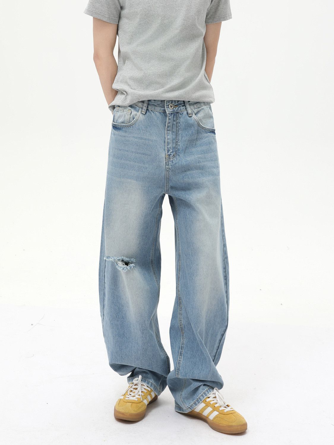 Jean Men's Japanese distressed retro loose ripped curved jeans Size US 32 / EU 48 - 2 Thumbnail