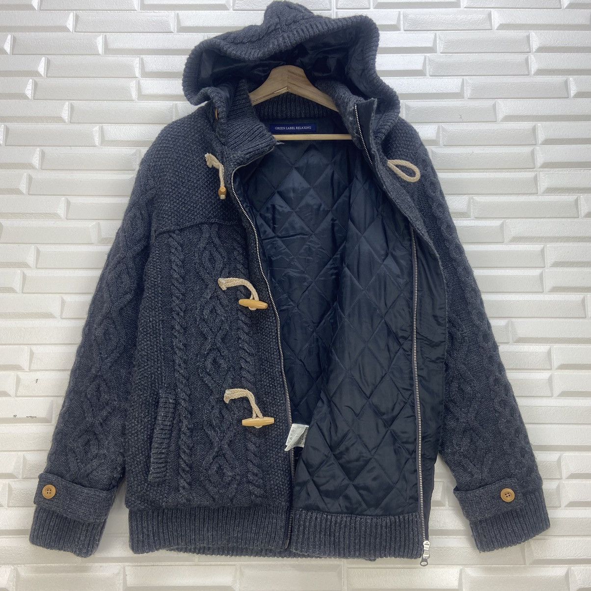 Japanese Brand Green Label Relaxing United Arrows Cable Knit Duffle Coat Size US S / EU 44-46 / 1 - 3 Thumbnail