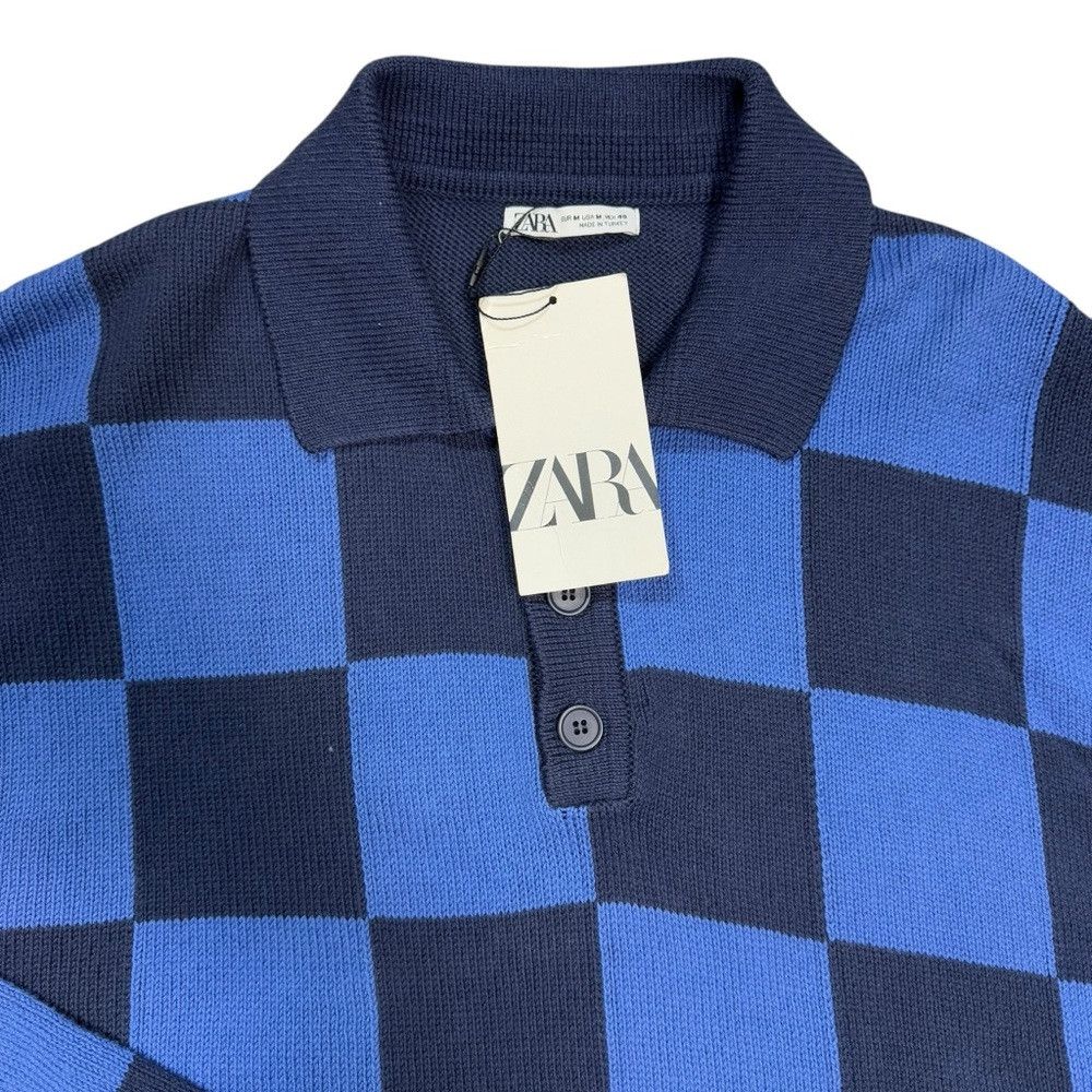 NWT New Zara Check Knit Polo Cotton Blue Sweater Size M