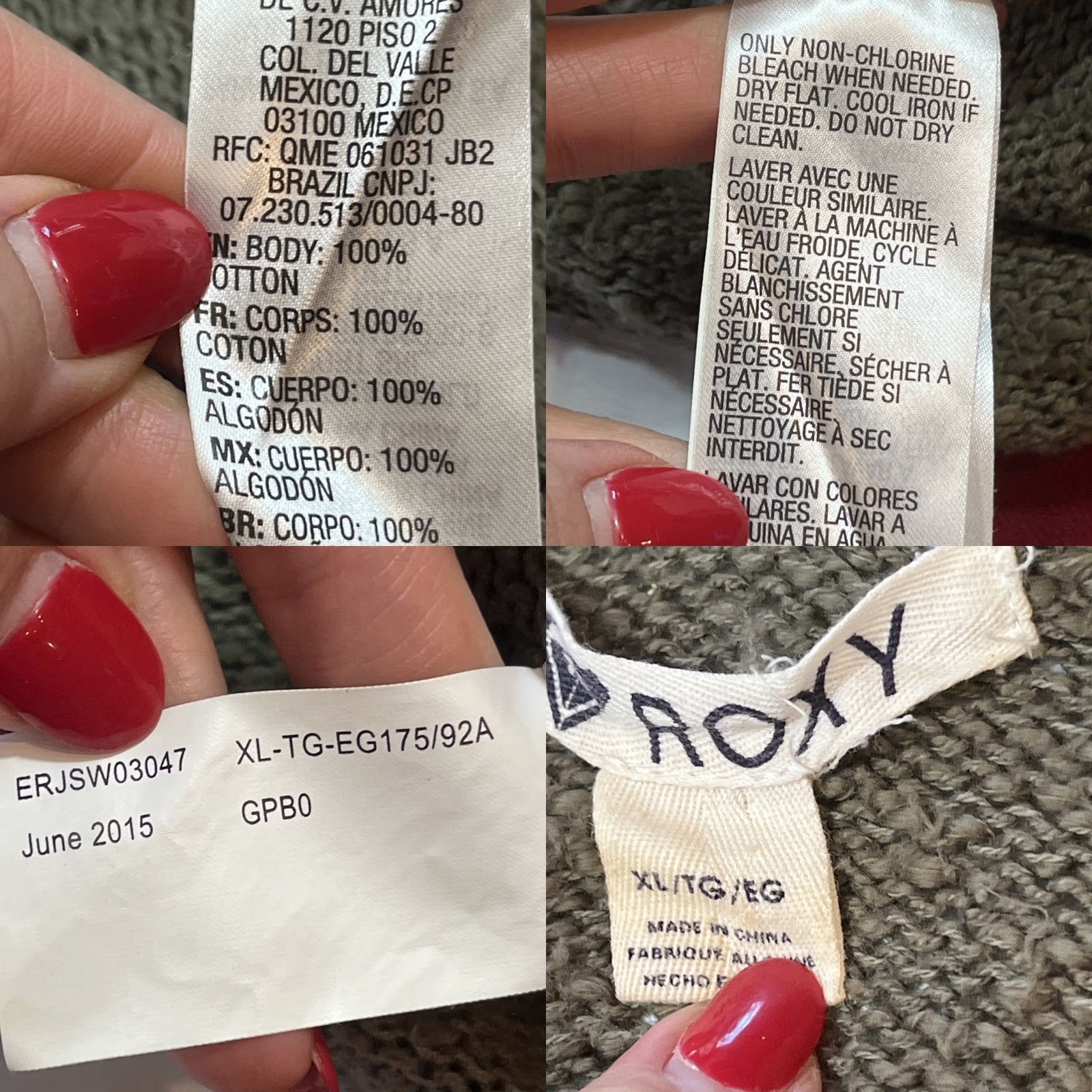 Vintage Roxy Army GREEN Hooded Sweater Knit V Neck front Pocket Slouchy Cotton Women XL Size XL / US 12-14 / IT 48-50 - 10 Thumbnail