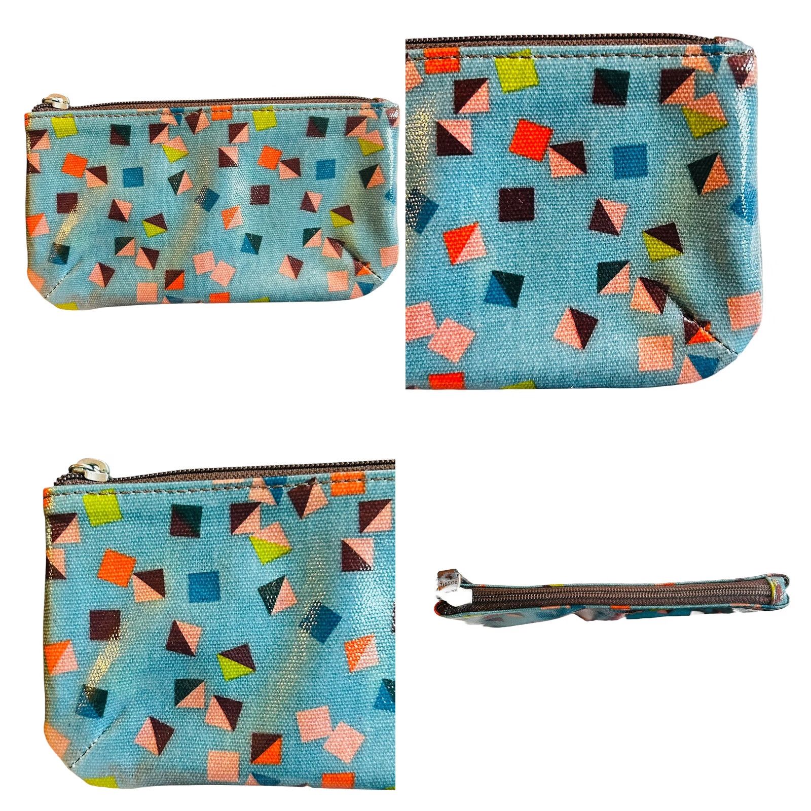 Fossil Fossil Blue Geometric Leather Pouch Wallet Women's Credit Card Holder Full Zip Size ONE SIZE - 8 Thumbnail