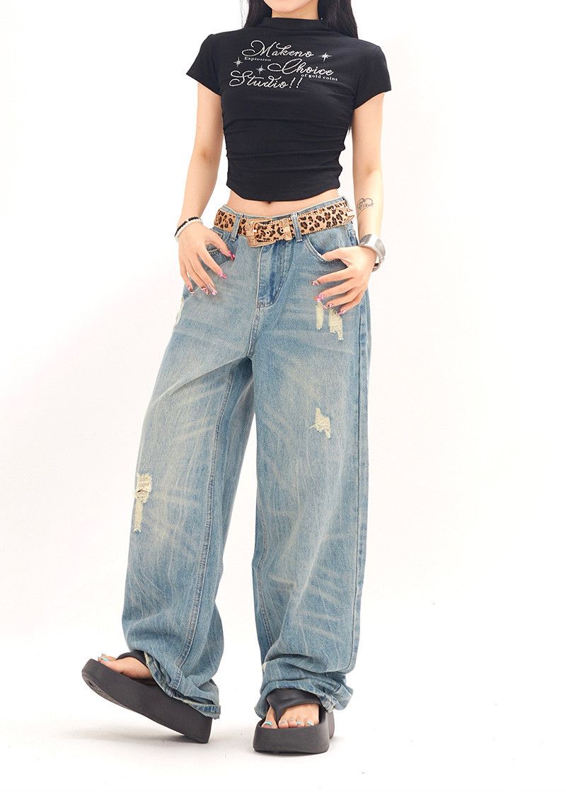 Vintage American street style loose wide-leg ripped jeans for men Size US 32 / EU 48 - 5 Thumbnail