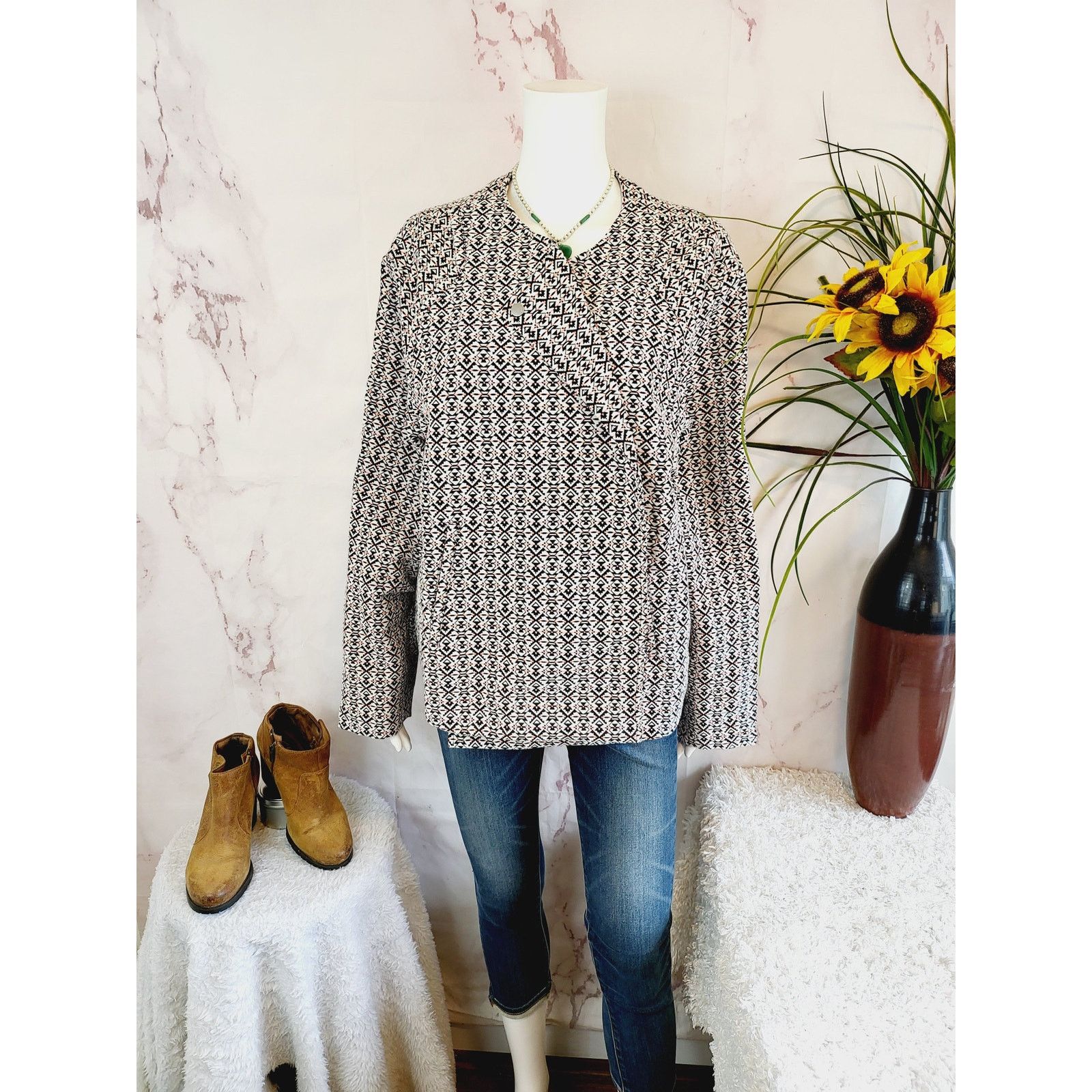 TART Collections Tart Open Long Sleeve Black White Pink Geometric Blazer 1X Size XL / US 12-14 / IT 48-50 - 2 Thumbnail