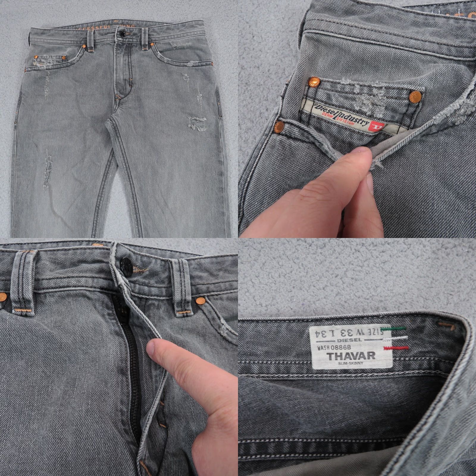 Diesel Diesel Jeans Mens 33x34 Thavar Slim Skinny Distressed Grey MADE IN ITALY Jeans Mens 33x34 Thavar Slim Skinny Distressed Grey 0886B MADE IN ITALY Size US 33 - 8 Thumbnail