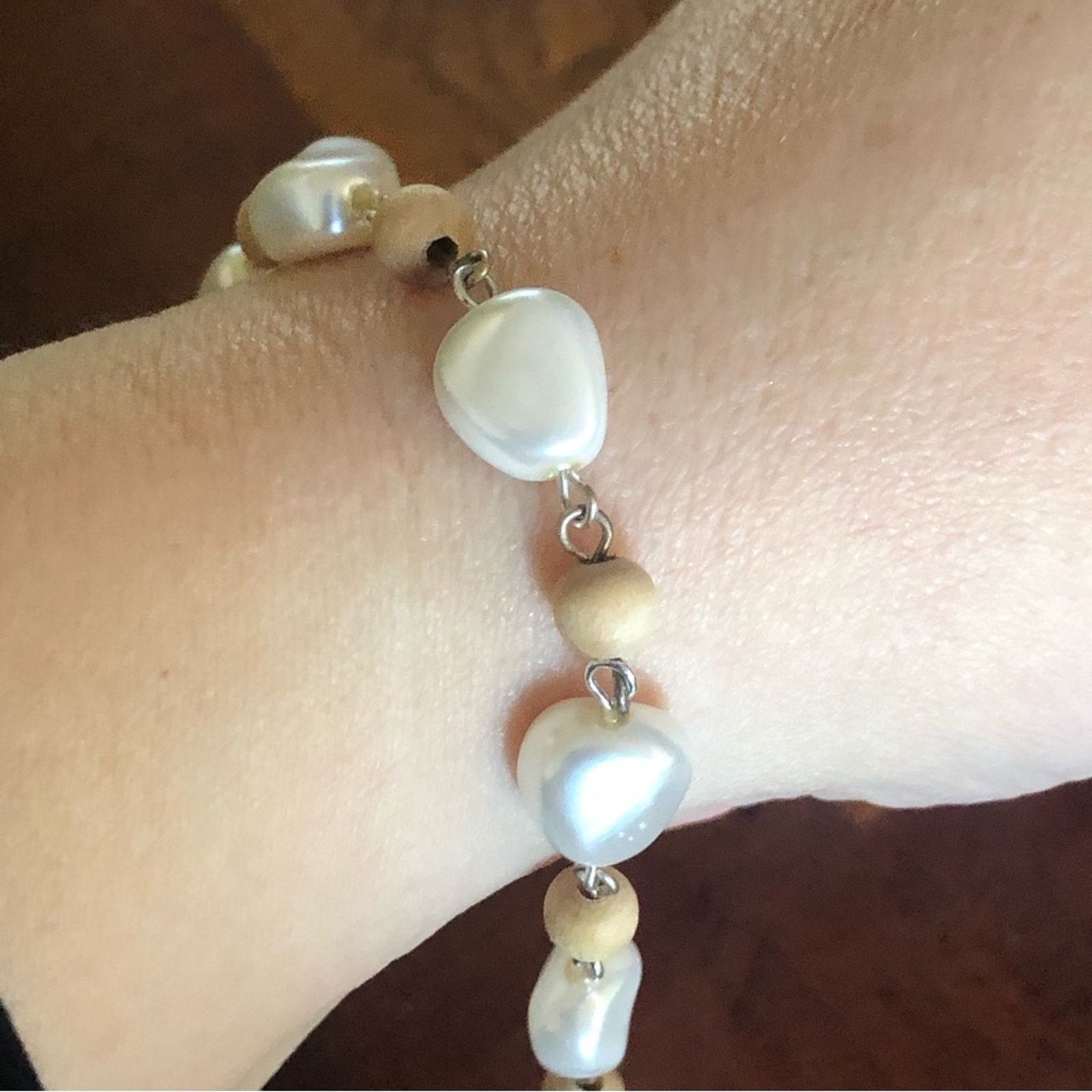 Jewelry Simulated pearl and wood bead link bracelet Size ONE SIZE - 4 Thumbnail
