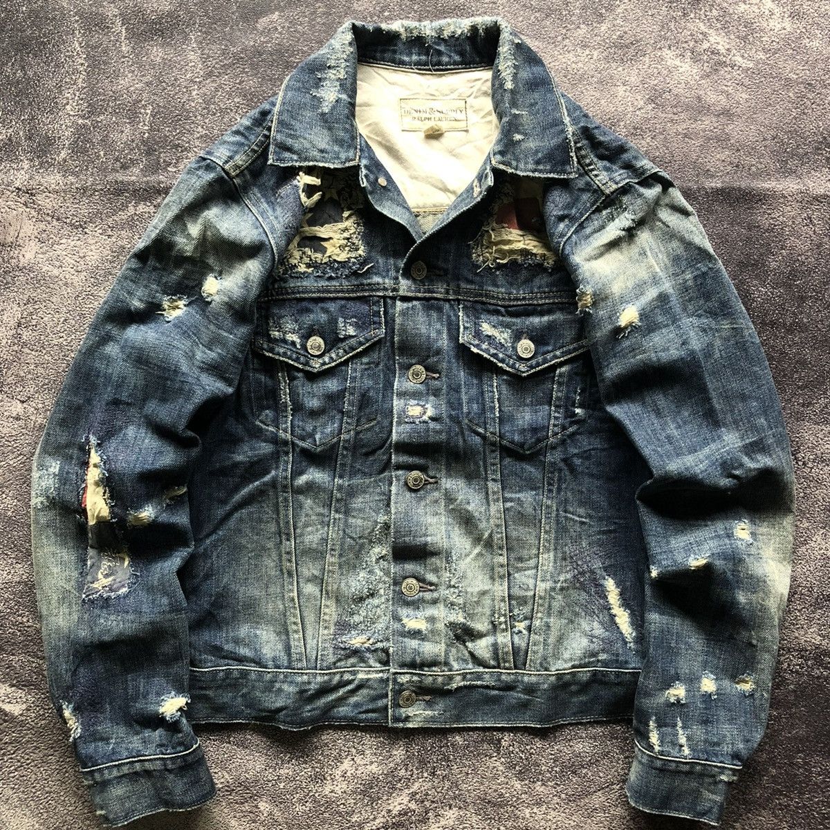 image of Vintage Polo Ralph Laurent Distressed Denim Jacket, Men's (Size Small)