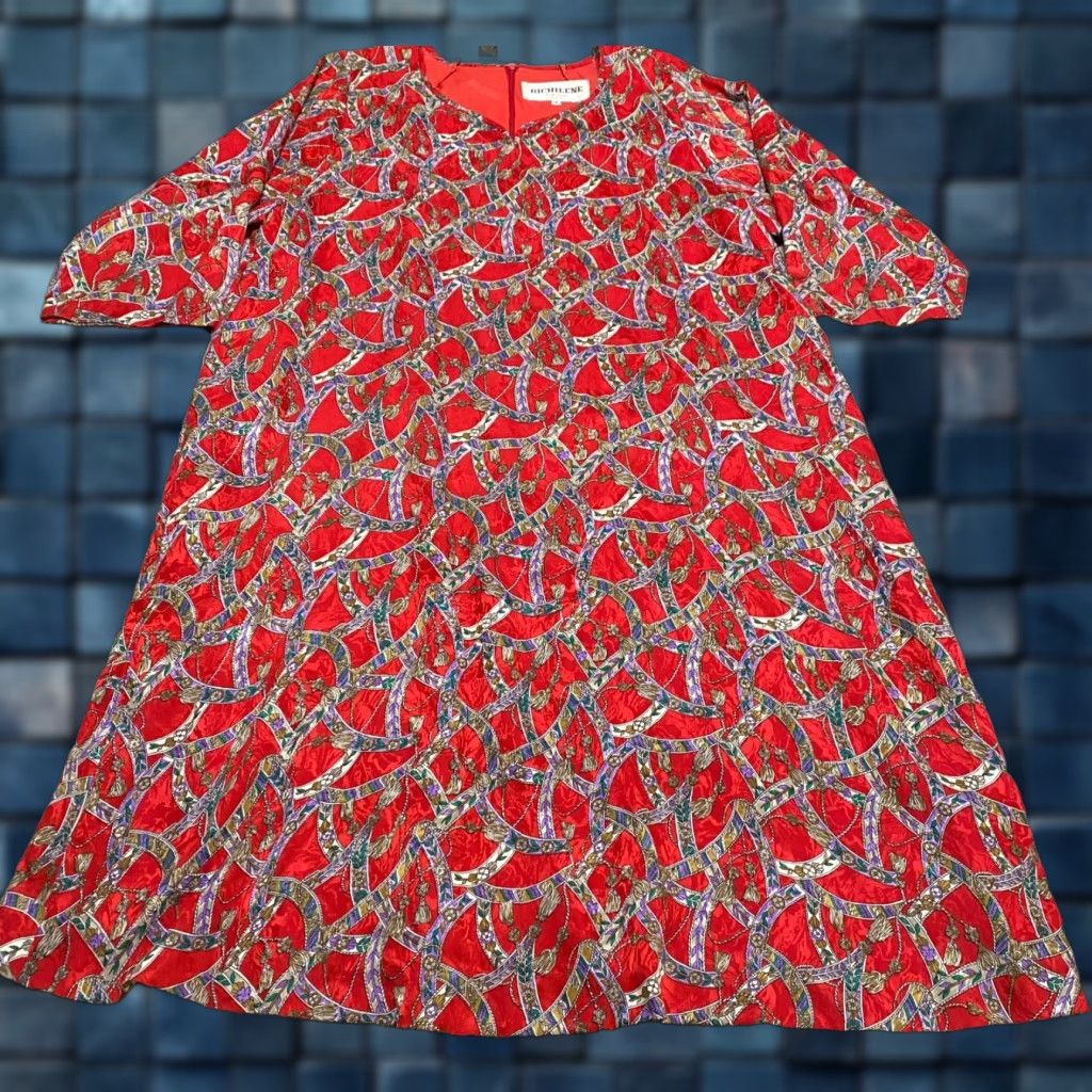 Vintage VINTAGE Richilene Womens Dress S Red 3/4 Sleeve V-Neck Midi 70s Geometric Bohemian Small US Size S / US 4 / IT 40 - 1 Thumbnail