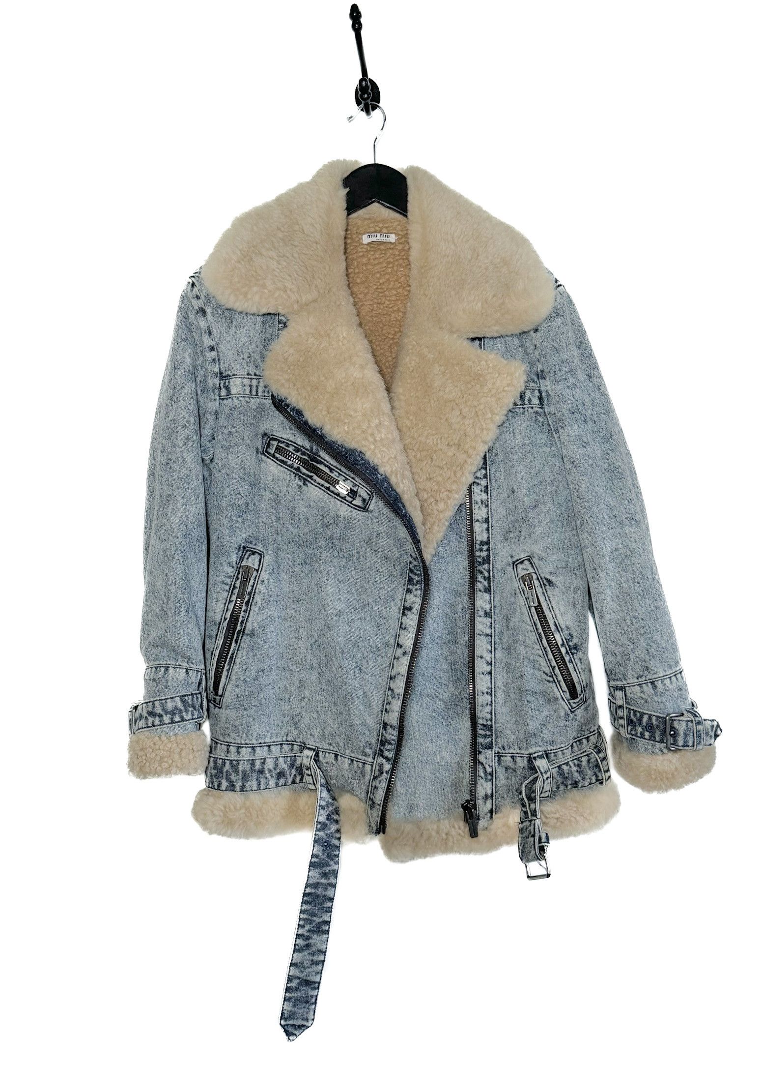 Miu Miu Miu Miu FW 2019 Blue Denim Shearling Aviator Biker Jacket Size XXS / US 00 / IT 34 - 3 Thumbnail