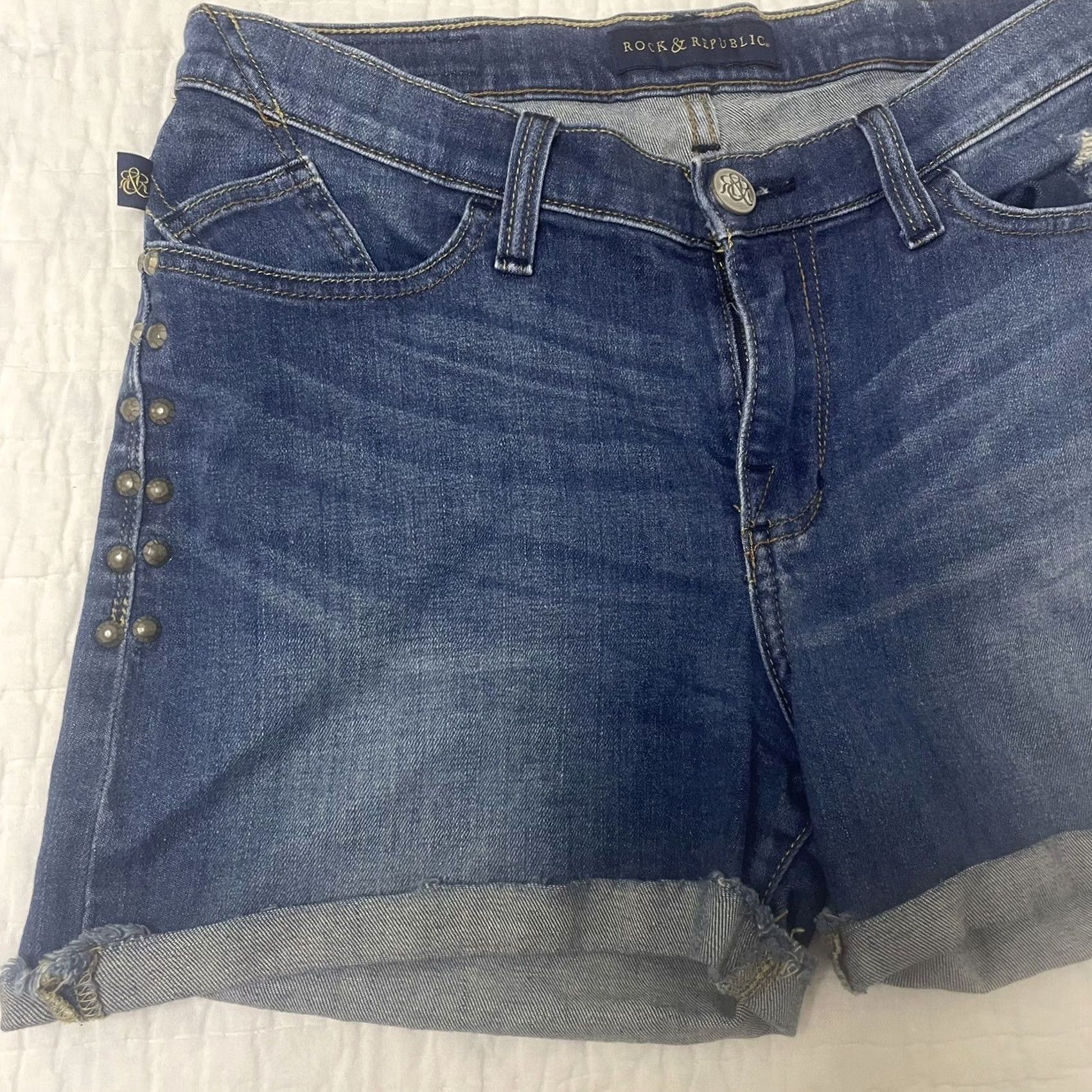 Vintage Rock & Republic Bumpershoot Cut Off Distressed Jean Shorts Low Rise Womens Sz 10 Casual Denim 5-Pocket Stretch Blue Womens Pre-owned Size 27" / US 4 / IT 40 - 3 Thumbnail