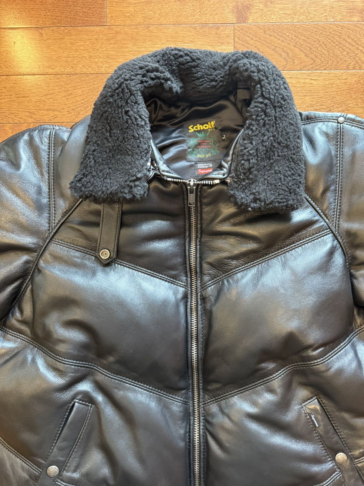 Schott × Supreme Supreme Schott Chevron Leather Down Puffer Jacket Size US L / EU 52-54 / 3 - 3 Thumbnail
