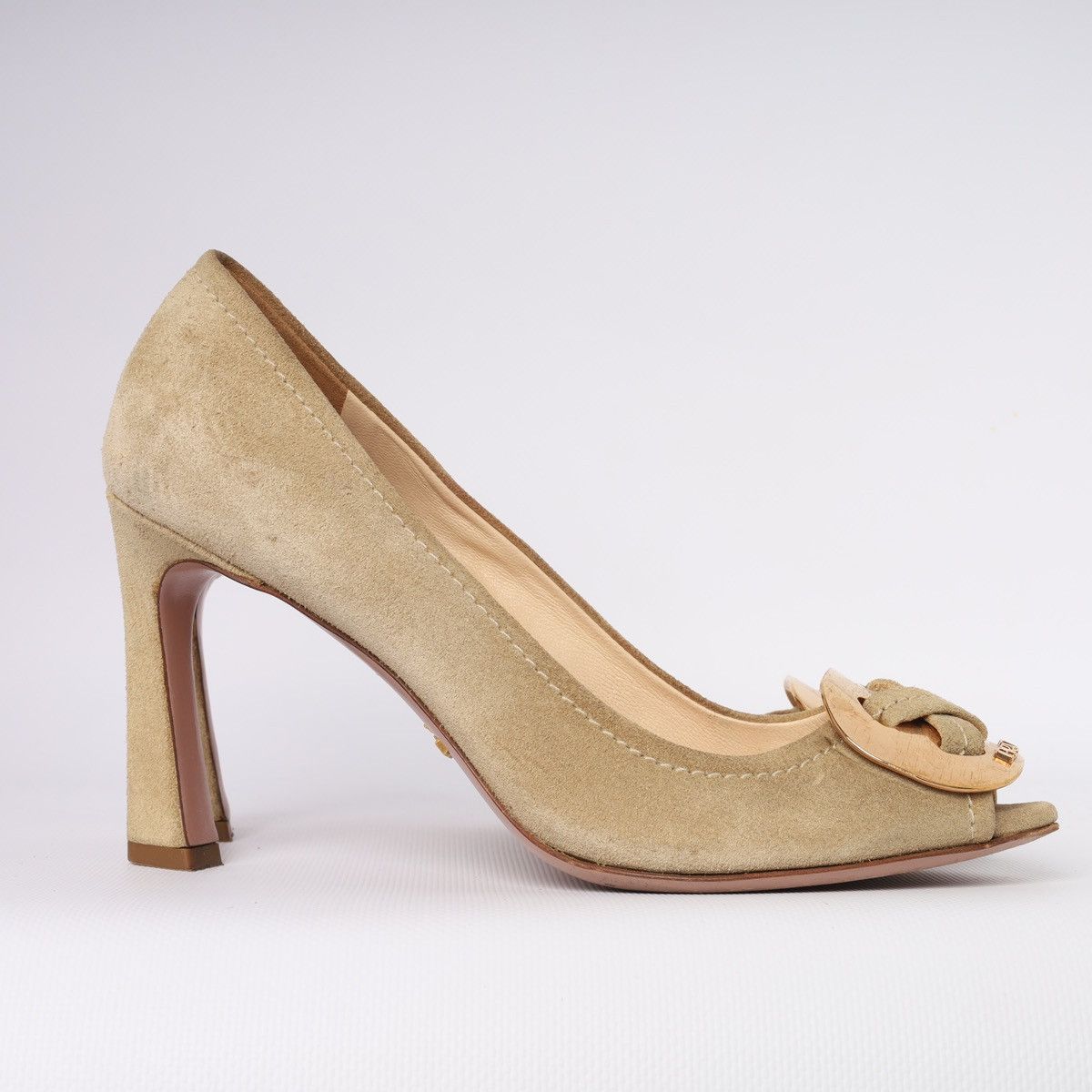 Prada Prada Beige Suede Peep-toe Pumps gold-tone Buckle Block Heel Size US 6.5 / IT 36.5 - 9 Thumbnail