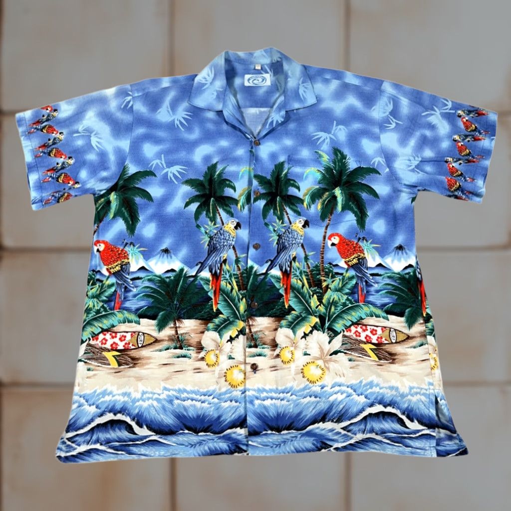 ALOHAS VINTAGE Go Hawaii Hawaiian Shirt Adult XL Blue Parrot Beach 80s Aloha Surf Button-Up Short Sleeve Pocketed Cotton Mens Size US L / EU 52-54 / 3 - 1 Thumbnail