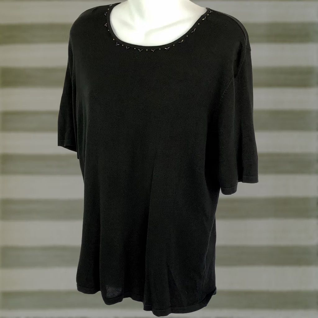 Vintage Nancy Bolen Silk Knit Top Blouse M Black Beaded Short Sleeve Round Neck Women 38 25 Classic Tee Y2K Size M / US 6-8 / IT 42-44 - 1 Thumbnail