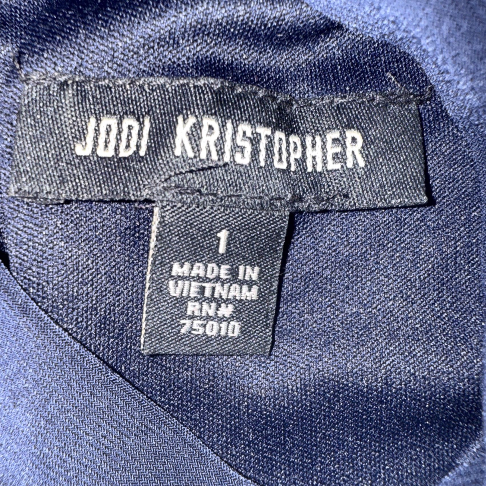 Vintage Jodi Kristopher Formal Dress Navy Blue Rhinestones Long Sleeves Women’s Size 1 Midi A-Line Mock Neck Party/Cocktail Wedding Size XS / US 0-2 / IT 36-38 - 3 Thumbnail