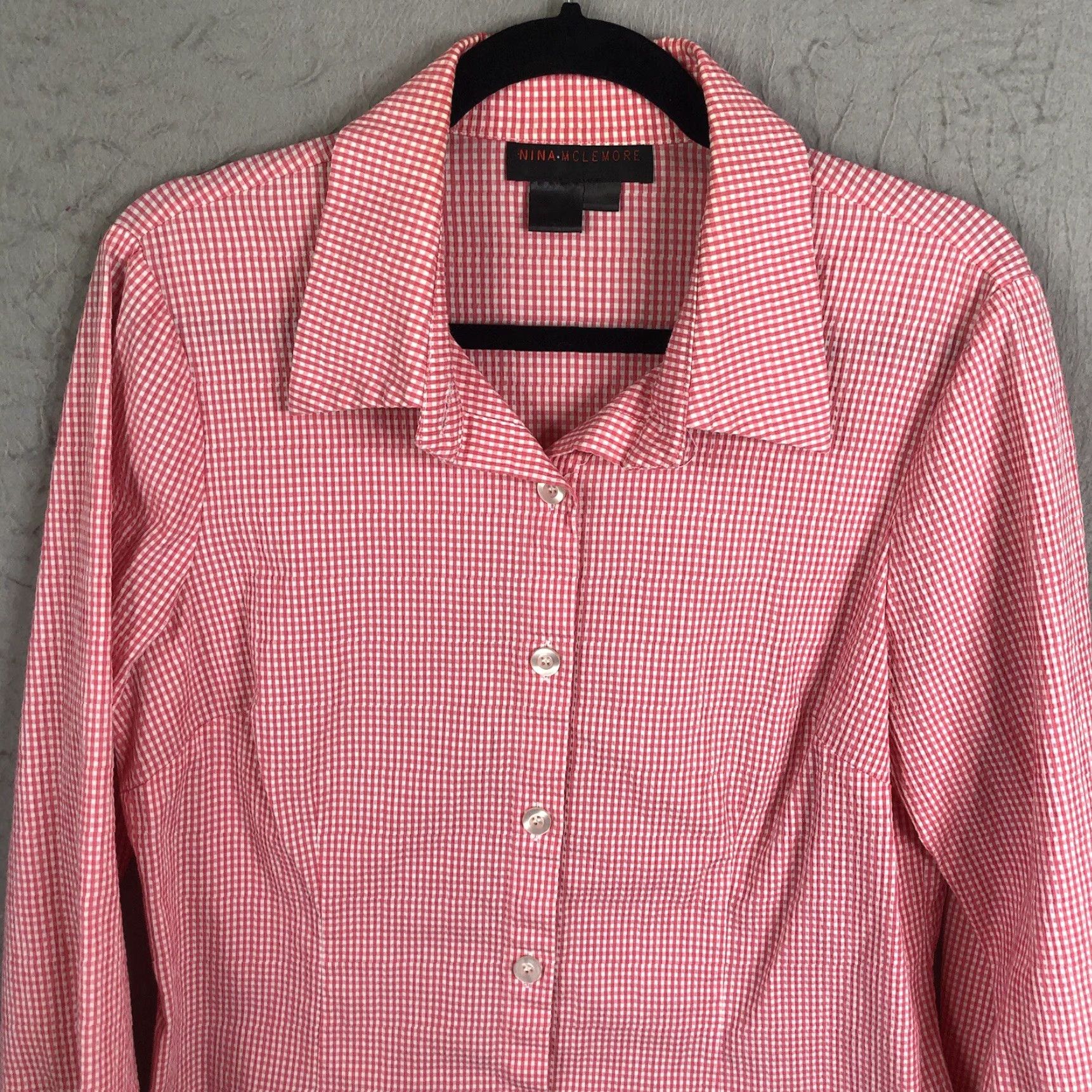 Vintage Nina McLemore Top Womens 12 Pink White Check Seersucker Stretch Preppy Classic Shirt Size XL / US 12-14 / IT 48-50 - 2 Thumbnail