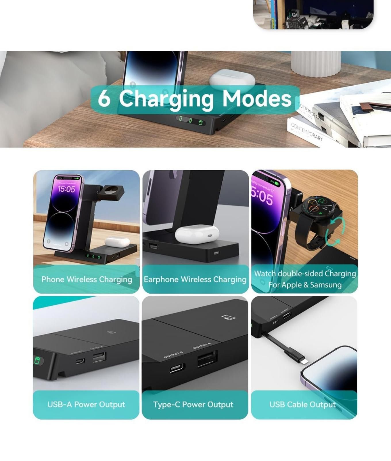 The Unbranded Brand Multi-Charging Dock Wireless Charger Station 6-in-1 Size ONE SIZE - 10 Thumbnail