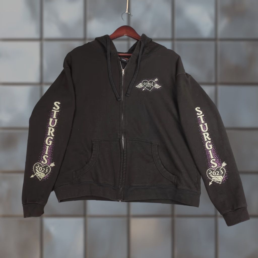 Vintage Hot Leathers Hoodie Mens XL Black Sturgis 2023 Motorcycle Rally Full Zip Graphic Print Size US XL / EU 56 / 4 - 1 Thumbnail
