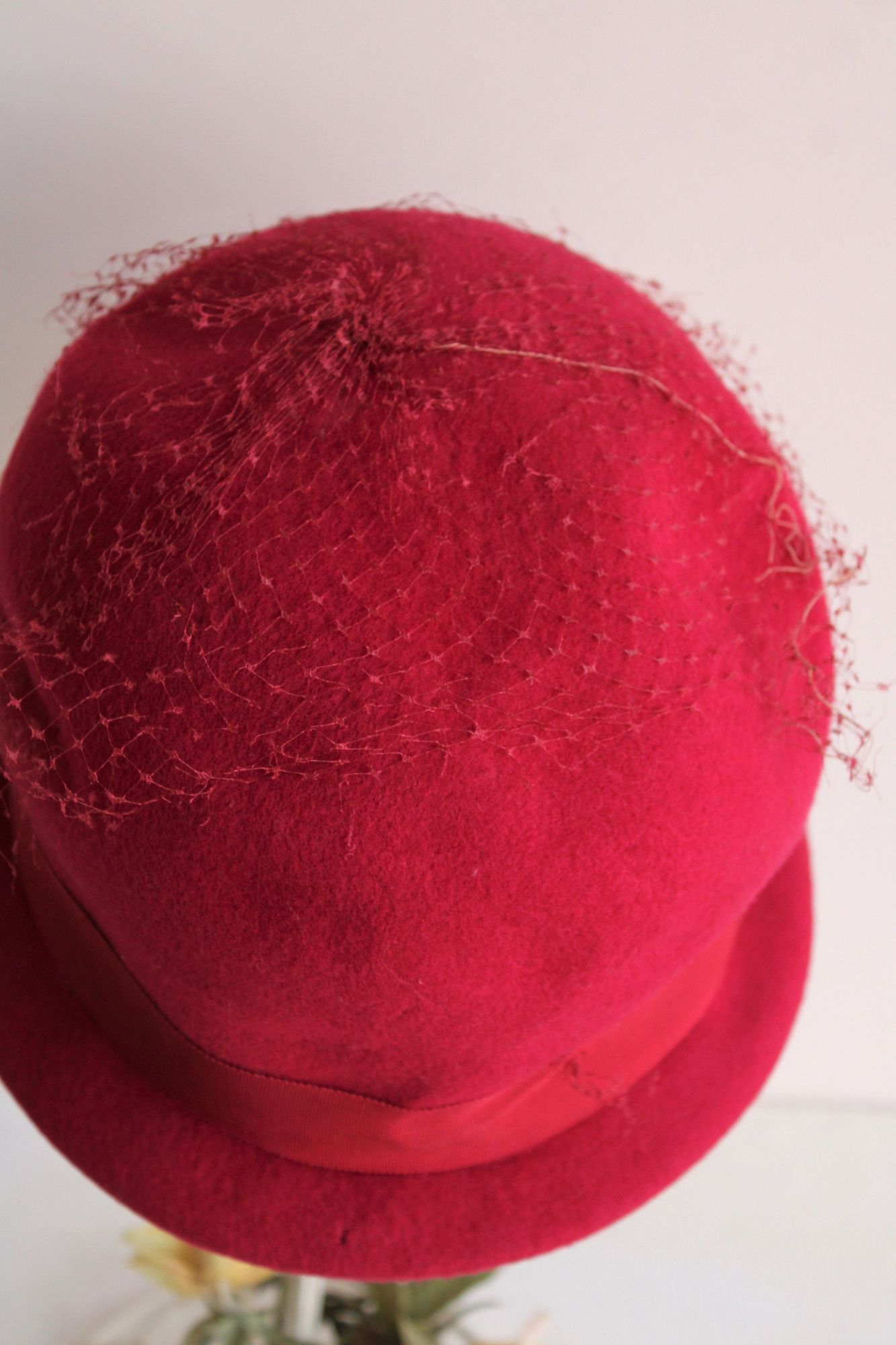 Vintage Vintage 1960s Hat, Red Wool Felt with Veil Trim and Bow, Mil Size ONE SIZE - 7 Thumbnail