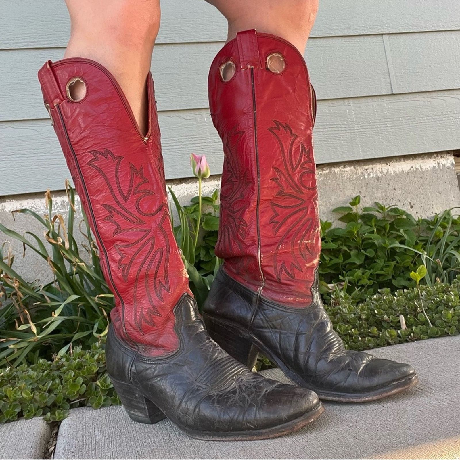 Nocona Vtg Red Leather Inlay Cowboy Boots Mens store 10.5 D