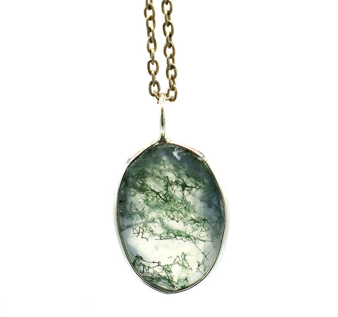 Handmade Sterling Silver Moss Agate Pendant Necklace - 18 Inch Size ONE SIZE - 4 Thumbnail