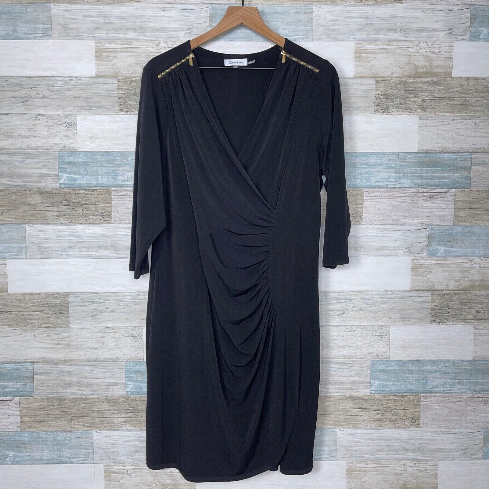 Calvin Klein Calvin Klein Ruched Faux Wrap Jersey Dress Black Zippers 0X Size XL / US 12-14 / IT 48-50 - 1 Thumbnail