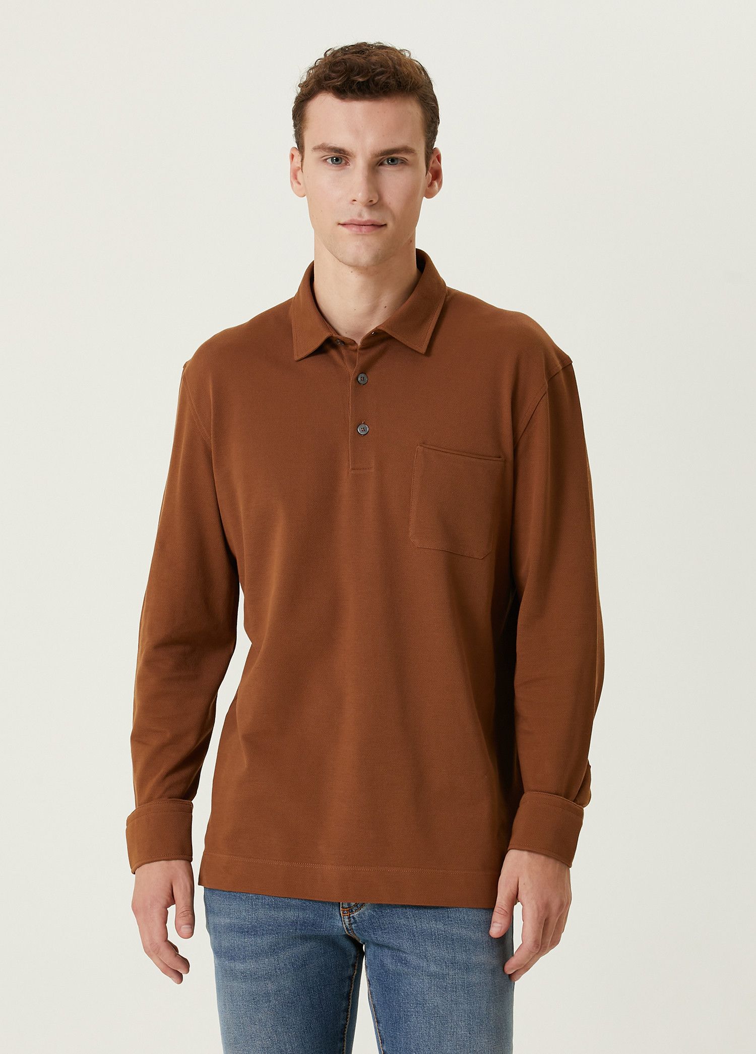 Ermenegildo Zegna ZEGNA solid brown long sleeve cotton polo shirt 54 XL Size US XL / EU 56 / 4 - 1 Thumbnail