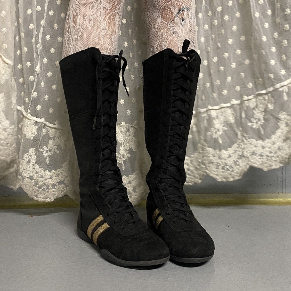 Avant Garde Vintage Knee High Boots Boxing Boots Moto Shoes in Black, Women's (Size 5.5)