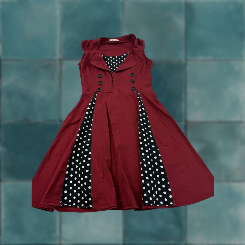 Vintage Killreal Dress Womens XL Red Polka Dot Fit & Flare Knee Length Collared Rock Retro Sleeveless; Casual Party/Cocktail Size XL / US 12-14 / IT 48-50 - 1 Thumbnail