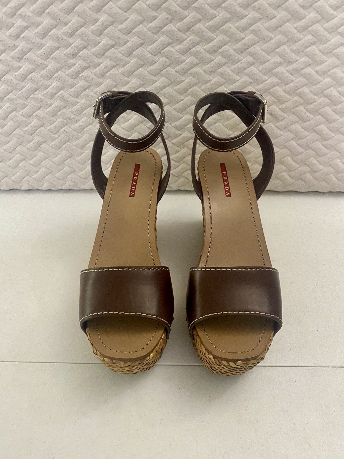Prada Prada Brown Leather Wicker Wedge Sandals 3XZ175 10 US NEW Size US 10 / IT 40 - 15 Thumbnail