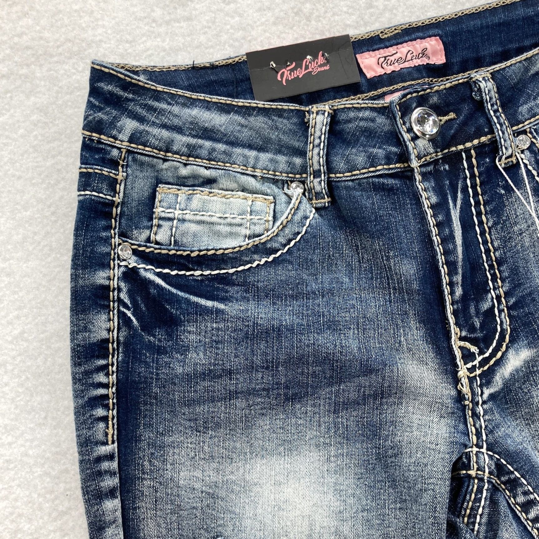 Vintage True Luck Jeans Jeans Women 8 Blue Skinny Mid Rise Distressed Rhinestone Stretch Womens Size 30" / US 8 / IT 44 - 3 Thumbnail