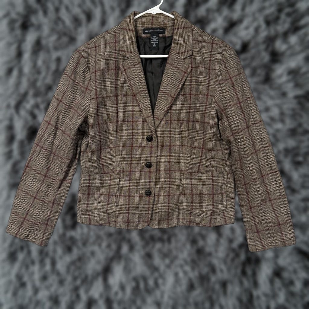 Vintage VINTAGE? No — New York & Company Blazer Women 18 Brown Plaid Three-Button Notch Lapel Short Suit Jacket Office Workwear Size XXL / US 16-18 / IT 52-54 - 1 Thumbnail
