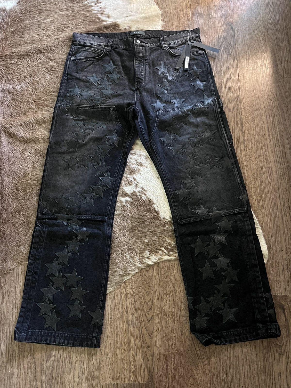 Image of Amiri Chemist Black Leather Star Carpenter Jeans, Men's (Size 40)