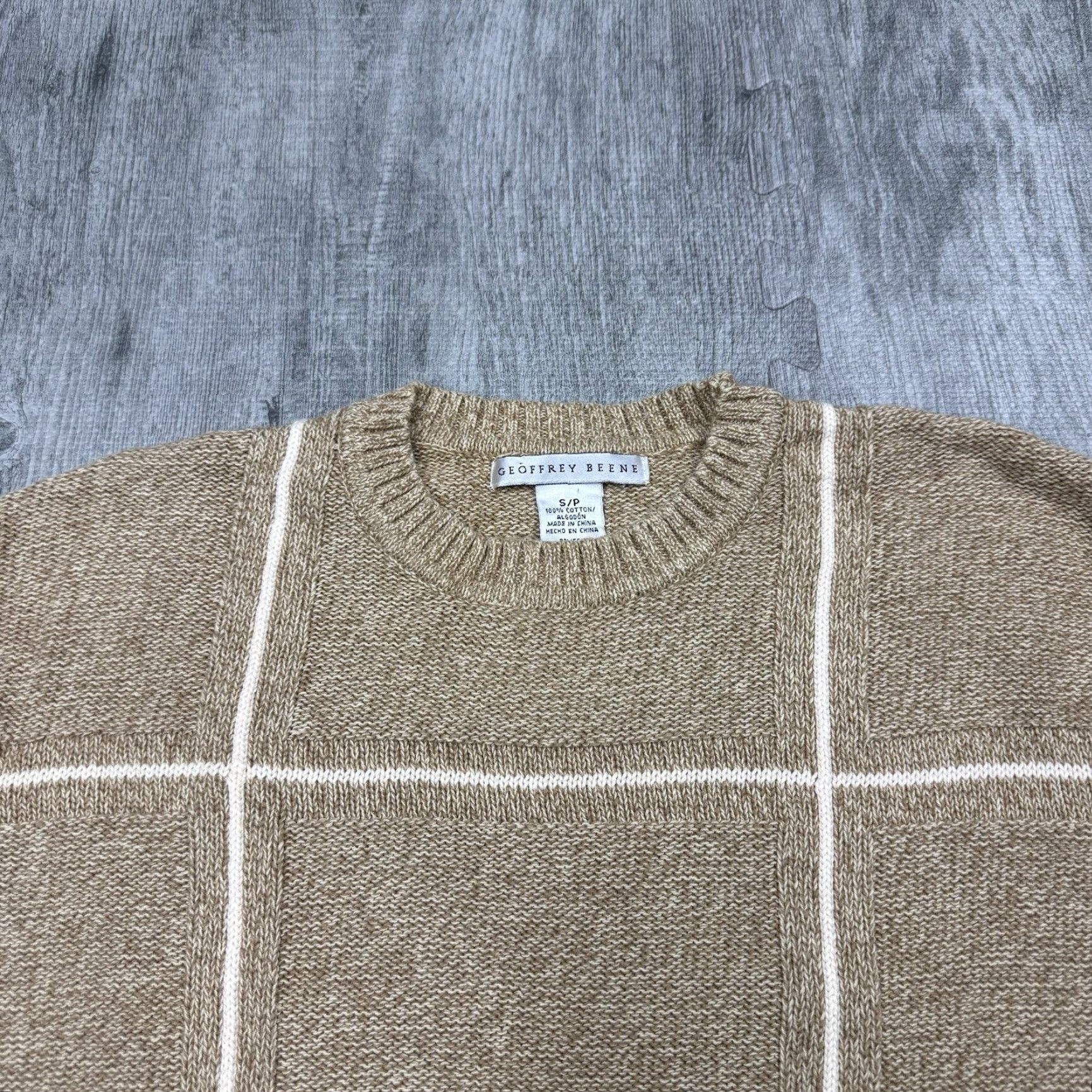Geoffrey Beene VINTAGE Geoffrey Beene 90s Mens Pullover Sweater Small Beige Plaid Cotton Knit Long Sleeve Preppy Quality Size US S / EU 44-46 / 1 - 2 Thumbnail