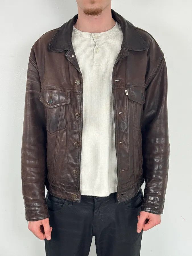 Levi's 2000s Levis Brown Leather Multi-Pocket Leather Jacket Size US L / EU 52-54 / 3 - 2 Thumbnail