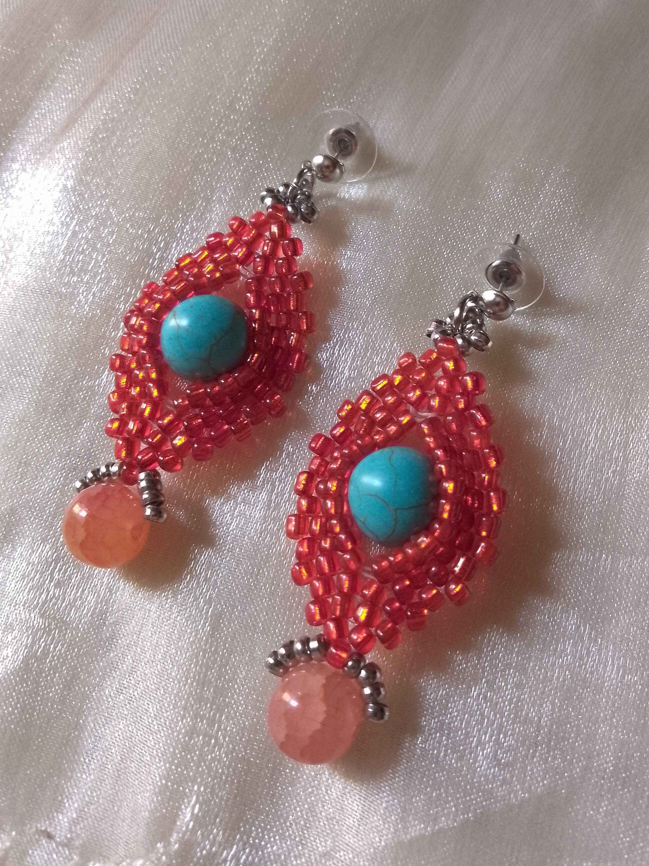 Handmade Dangling Earrings Turquoise Howlite, orange Agate gemstones Size ONE SIZE - 3 Thumbnail