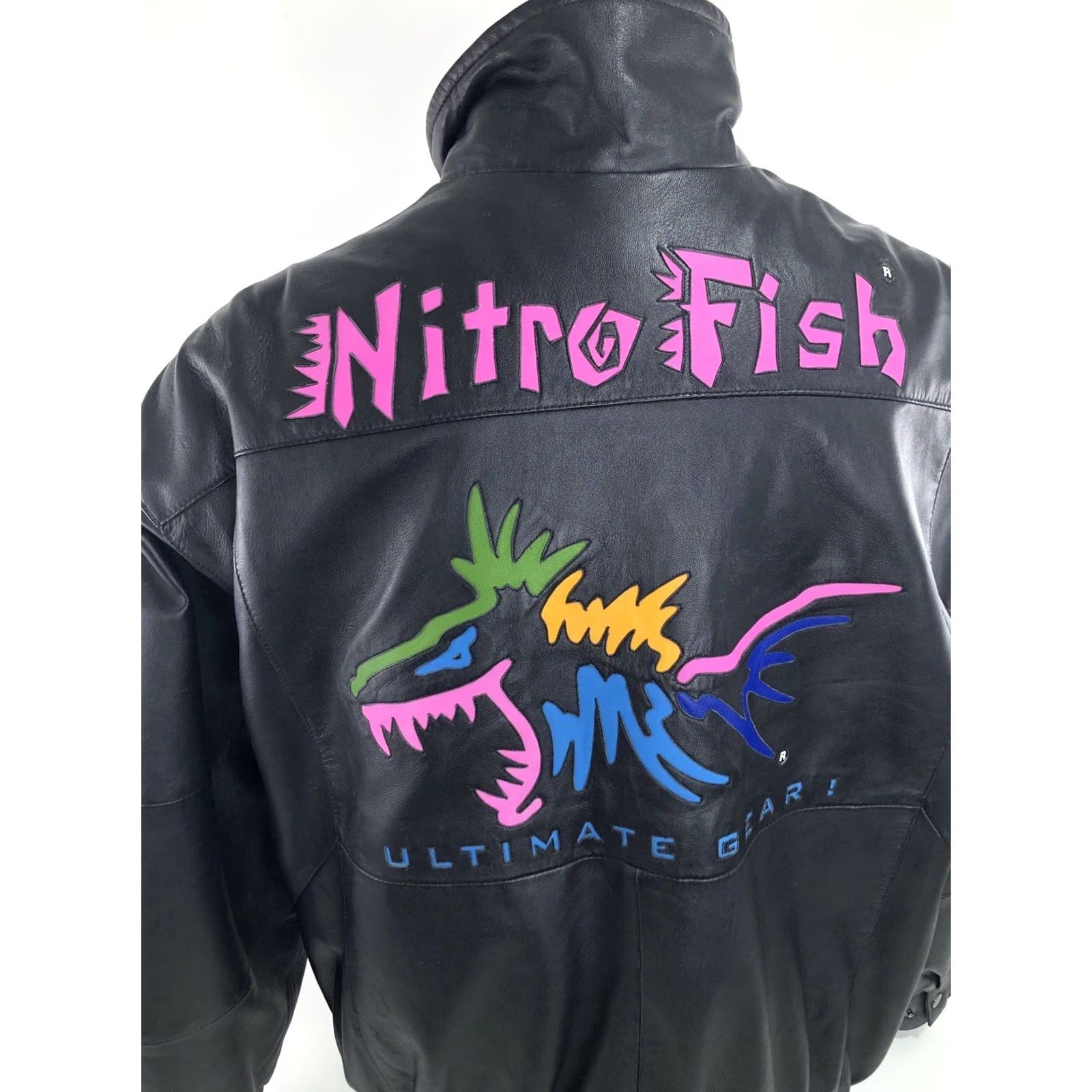 Vintage NITRO FISH Leather Bomber Jacket Mens XL Shoulder Pads Black 90s Fish Theme Vintage EXCELLENT Size US XL / EU 56 / 4 - 6 Thumbnail