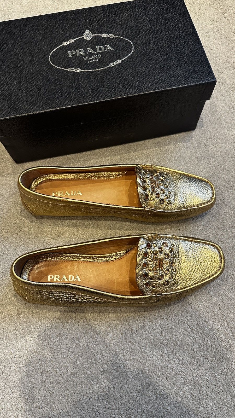 Prada Gold Leather Prada Loafers Size US 10 / IT 40 - 3 Thumbnail