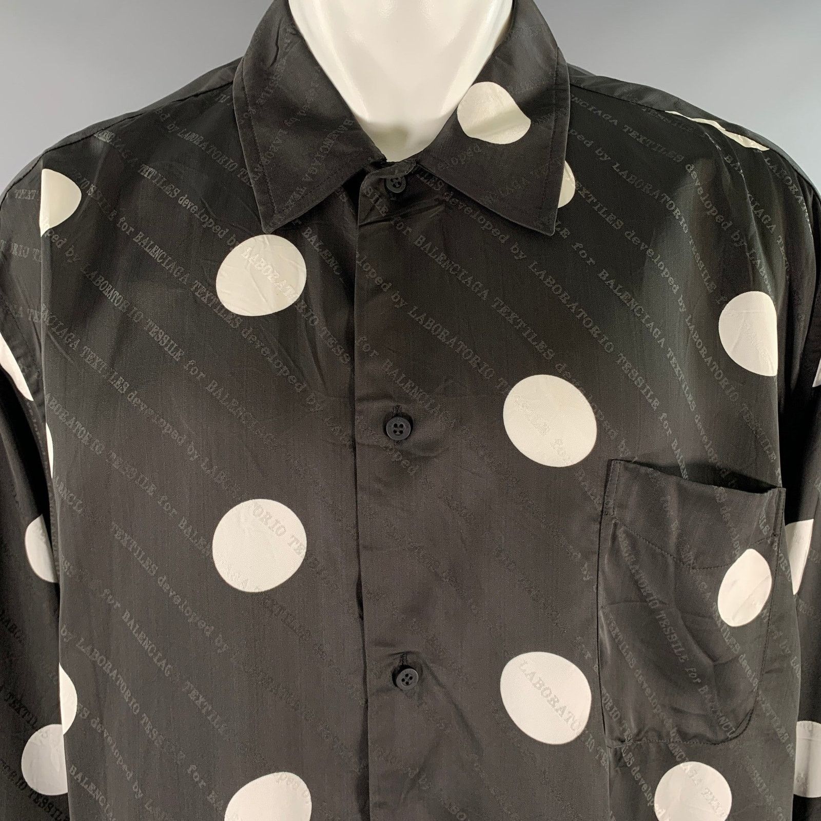 Balenciaga M Black White Polka Dot Viscose Silk Long Sleeve Shirt Size US M / EU 48-50 / 2 - 2 Thumbnail