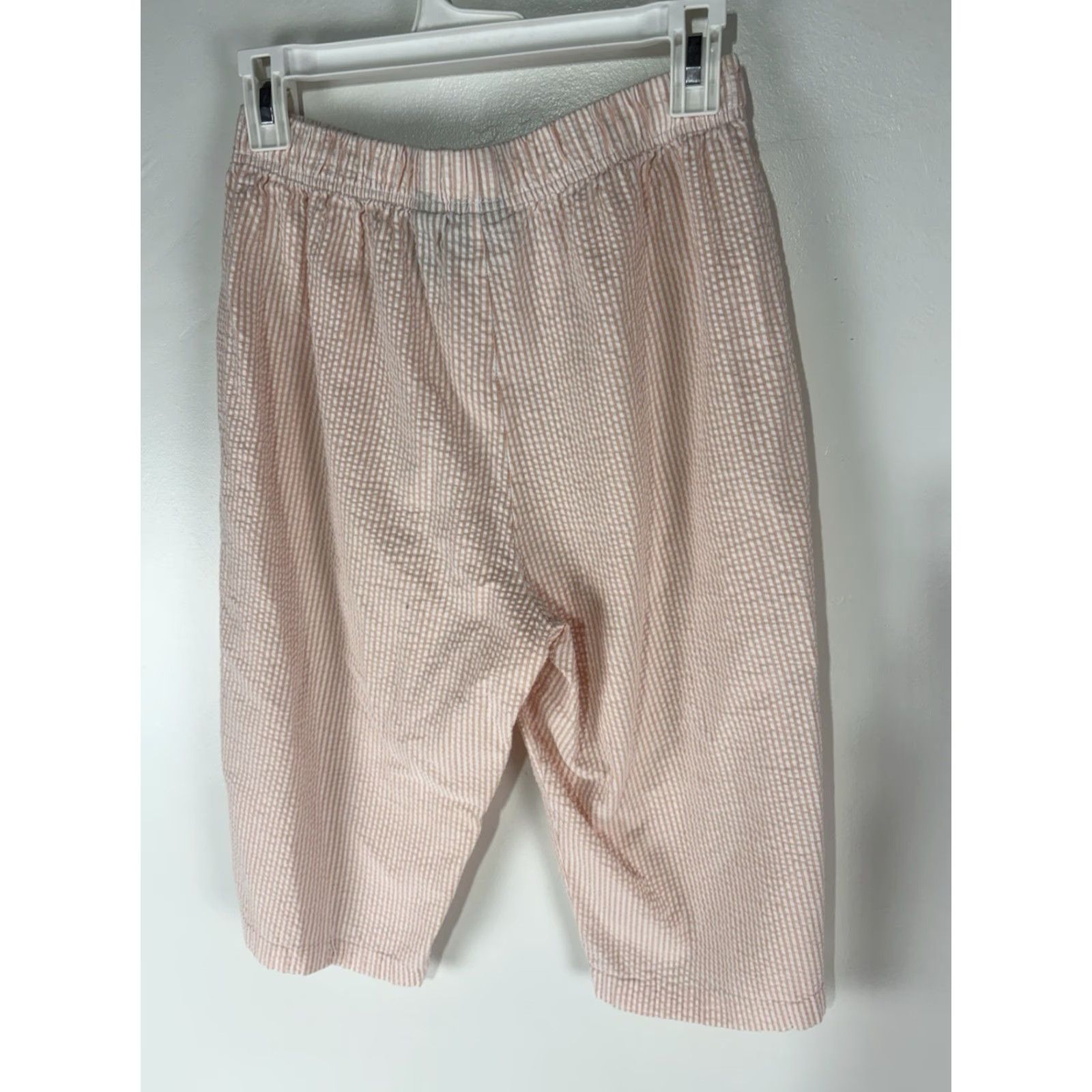 Vintage Bobbie Brooks Pants Cropped Wide-Leg Seersucker Peach/White Stripe Womens M Pull On 100% Cotton Inseam 14in Regular Size Size 32" / US 10 / IT 46 - 4 Thumbnail
