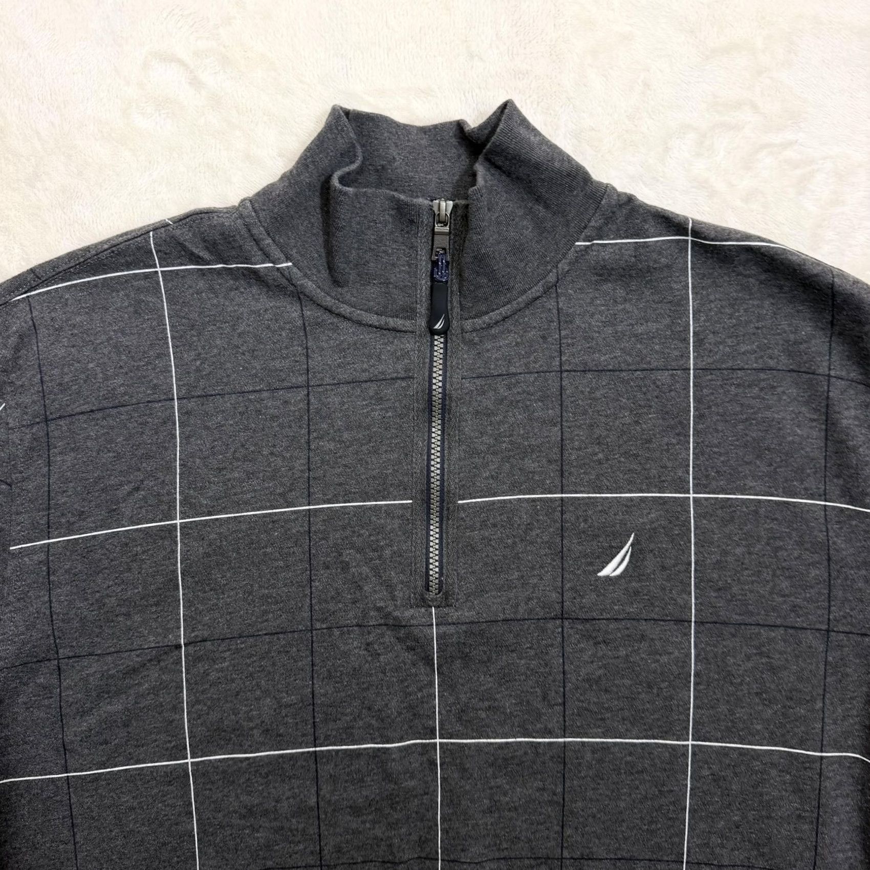 Nautica Nautica Sweatshirt Quarter Zip Mens XL Gray Check Fleece Pullover Logo 1/4 Zip Mock Neck Long Sleeve Winter Regular Size XL Mens Size US XL / EU 56 / 4 - 2 Thumbnail