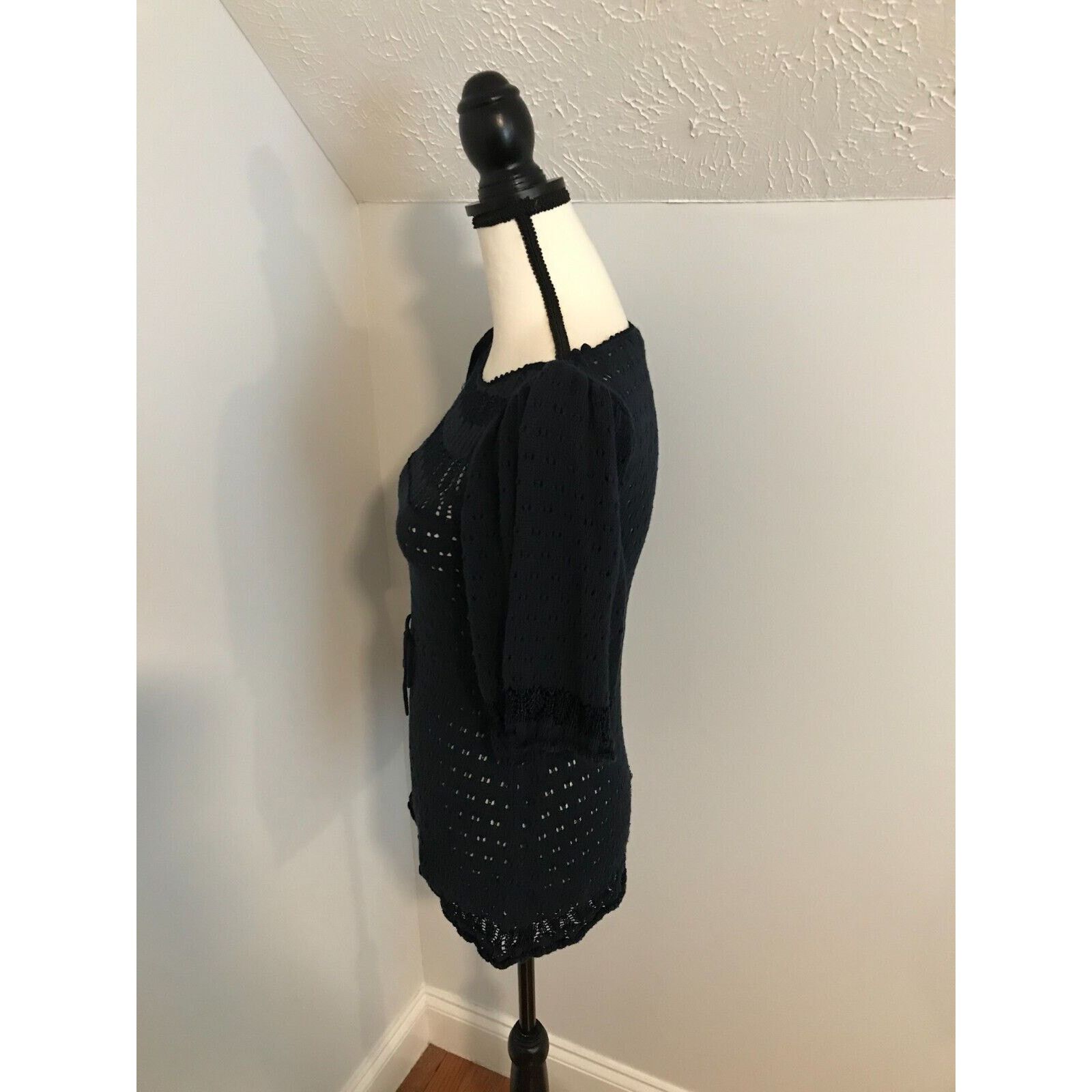Anthropologie Anthropologie Moth Navy Blue Tie-Waist Pointelle Sweater Size XS / US 0-2 / IT 36-38 - 2 Thumbnail