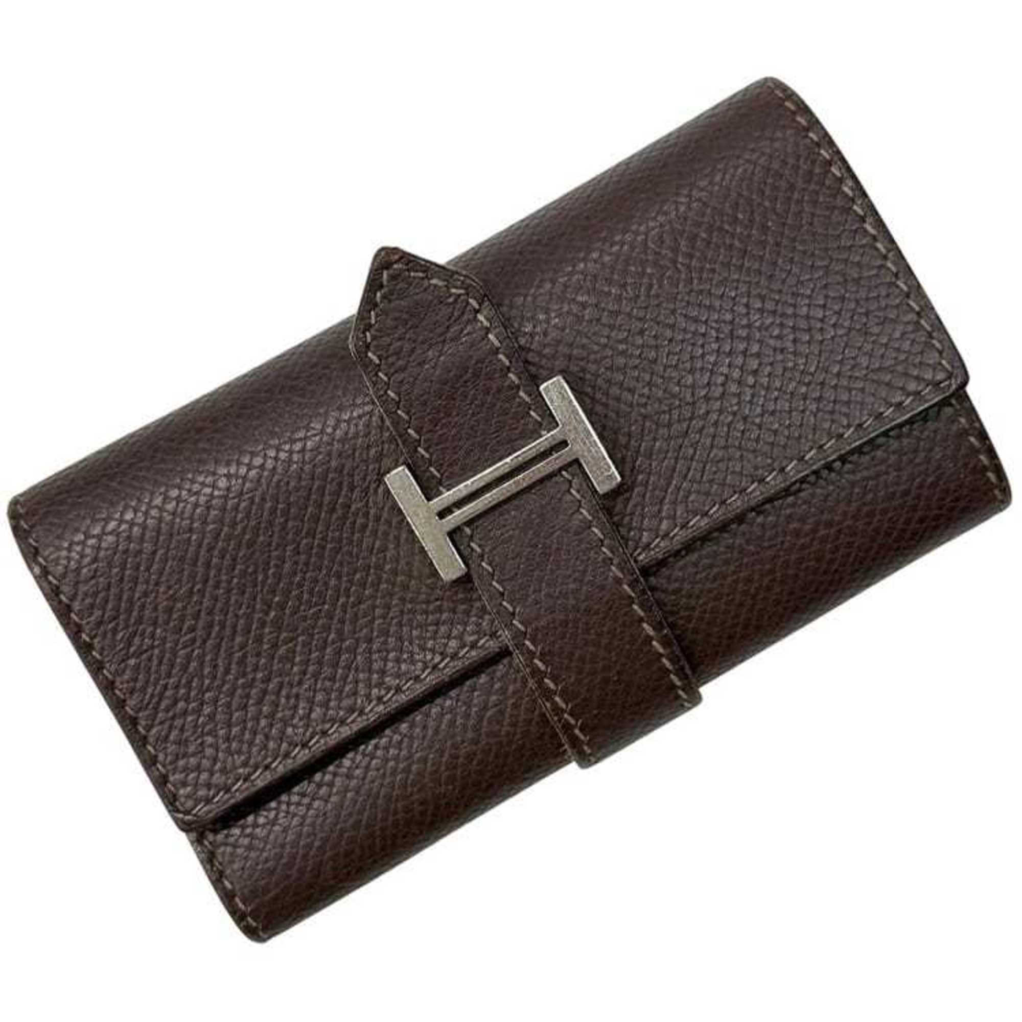 Hermes Hermès 4-ring key case f-25146, brown/dark brown Bearn leather, Epson, L stamp, made in 2008, HERMES holder, 4 hooks, flap, H, for men and women. Size ONE SIZE - 1 Thumbnail