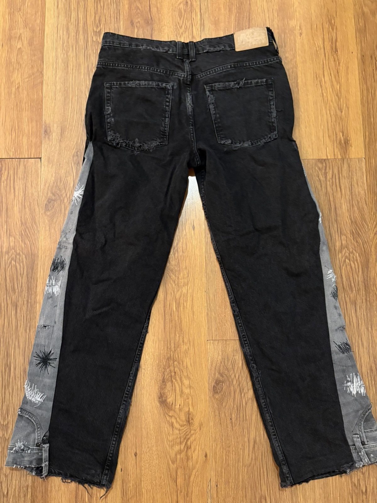 Japanese Brand Black Upside Down Flared Destroyed and Repaired Denim Size US 35 - 5 Thumbnail