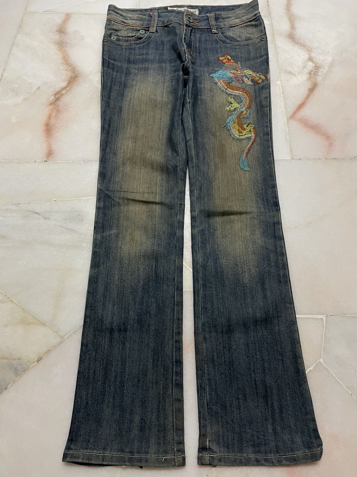 Seditionaries 💥Flared💥🇯🇵 Mudwash Tattoo Dragon Embroidery Bootcut Jean Size 28" / US 6 / IT 42 - 1 Thumbnail