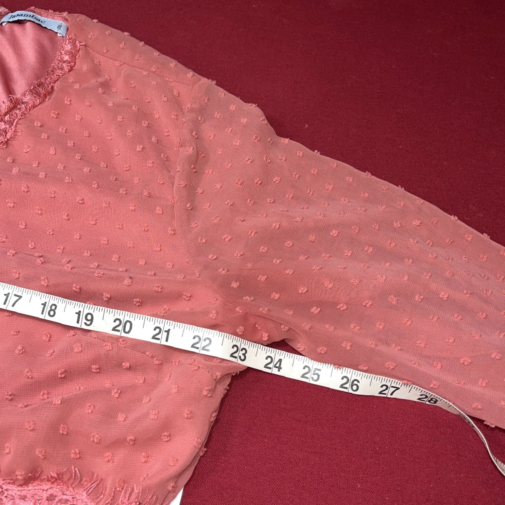 Vintage JASAMBAC Dusty Rose DRESS V-neck High Waist Swiss Minky Dot Chiffon Long Sleeves Size XXL / US 16-18 / IT 52-54 - 6 Thumbnail