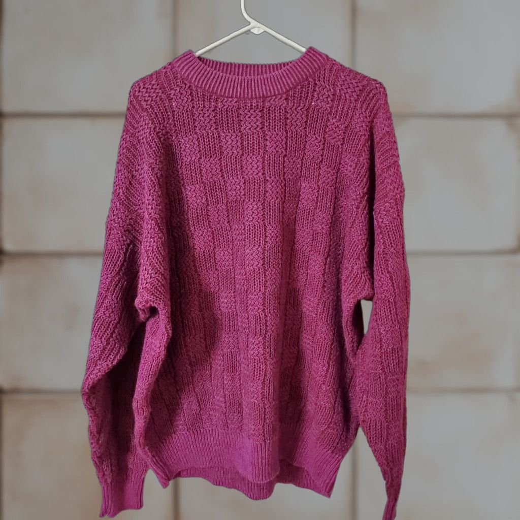 Vintage VINTAGE Weekends Sweater XL Purple Patchwork Crew Neck Knits, Cotton Blend, Ramie, Heavyweight, 80s Pullover, Women Size XL / US 12-14 / IT 48-50 - 1 Thumbnail