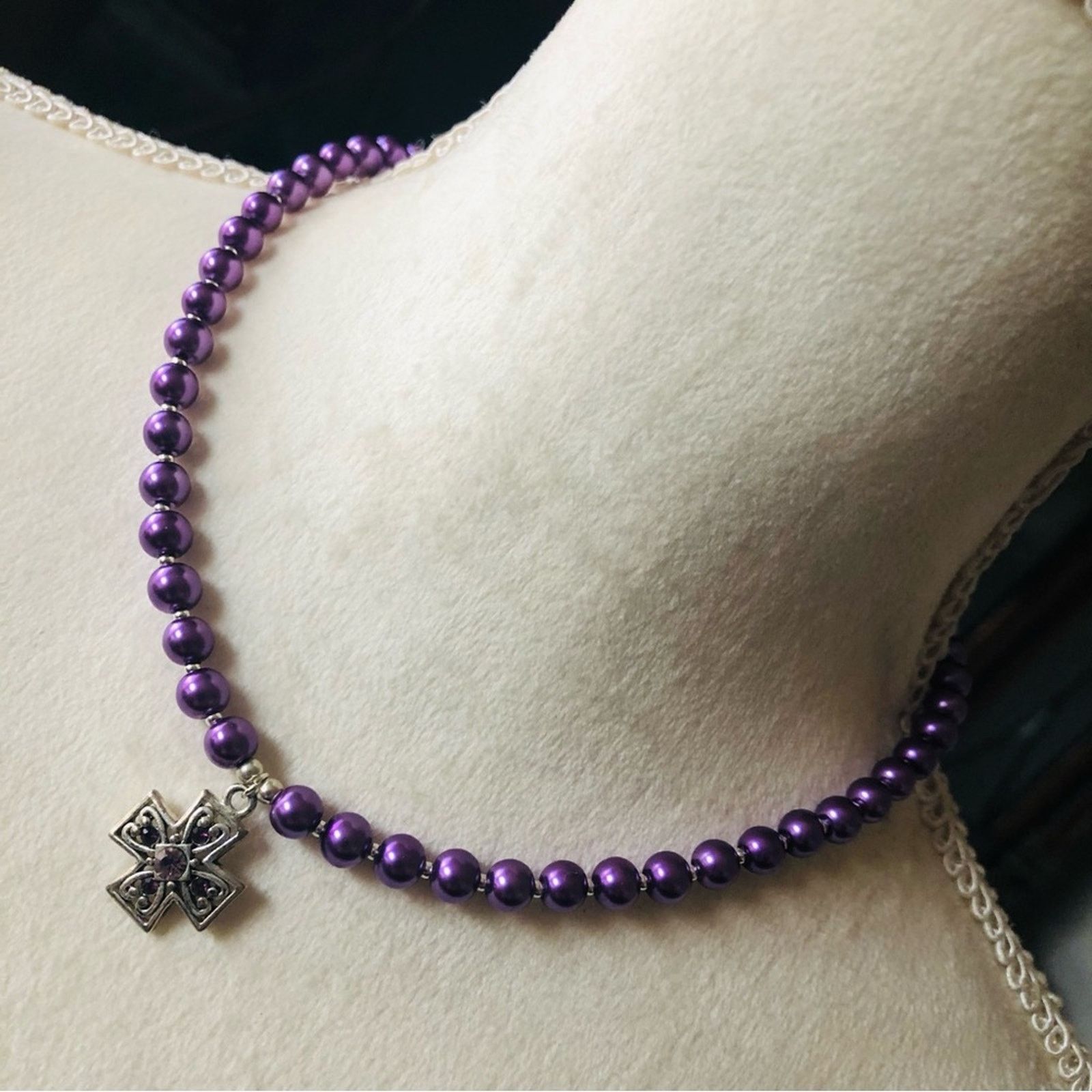 Handmade Handcrafted repurpose Maltese cross pendant Pearl necklace Size ONE SIZE - 1 Thumbnail