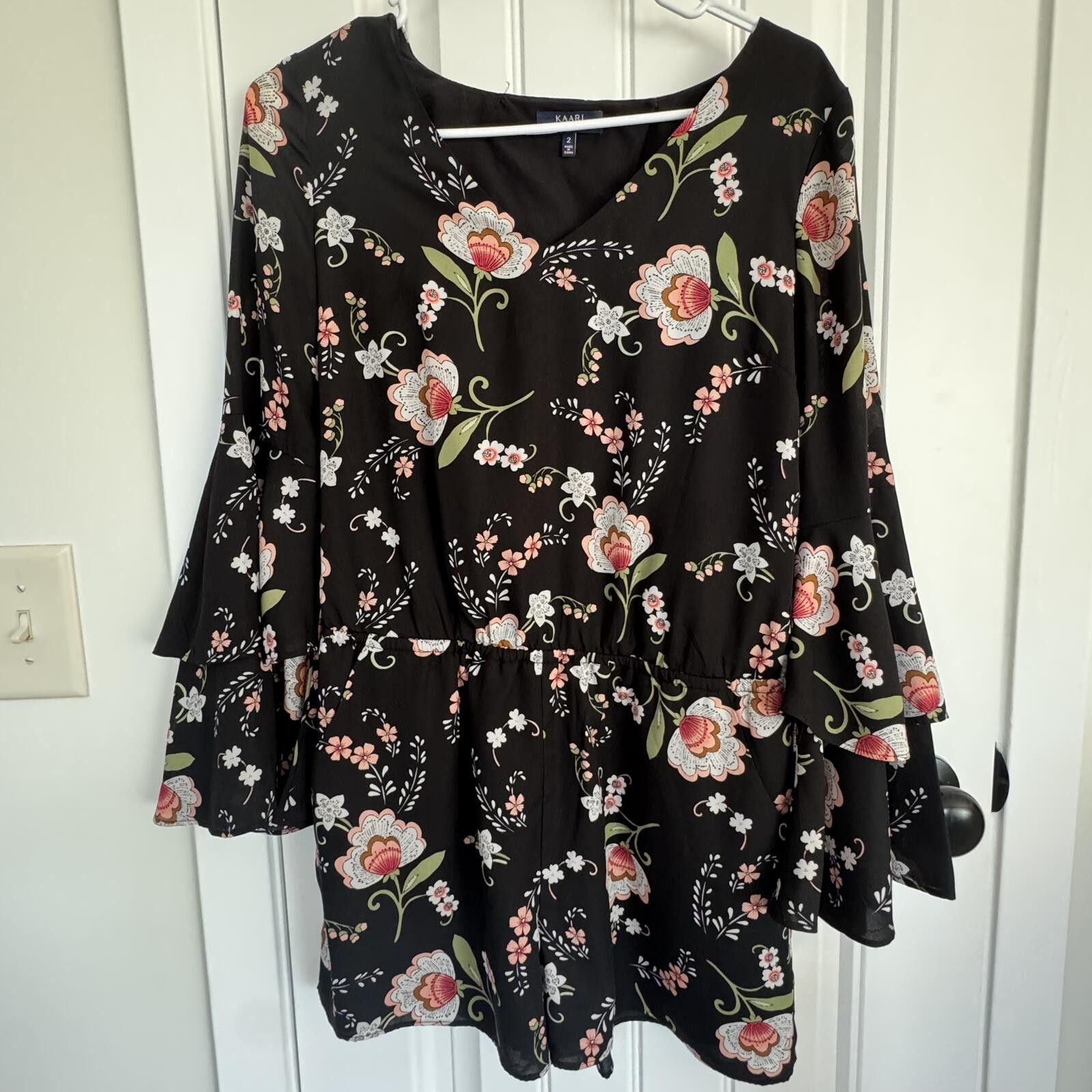 Other Kaari Blue Black Floral Romper with Bell Sleeves-Size 2 Size 26" / US 2 / IT 38 - 1 Thumbnail